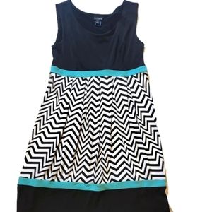 Enfocus Studio chevron baby doll dress. Black. Turquoise stripe at waist and hem